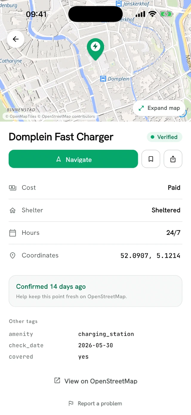 Full details page for an e-bike charging point